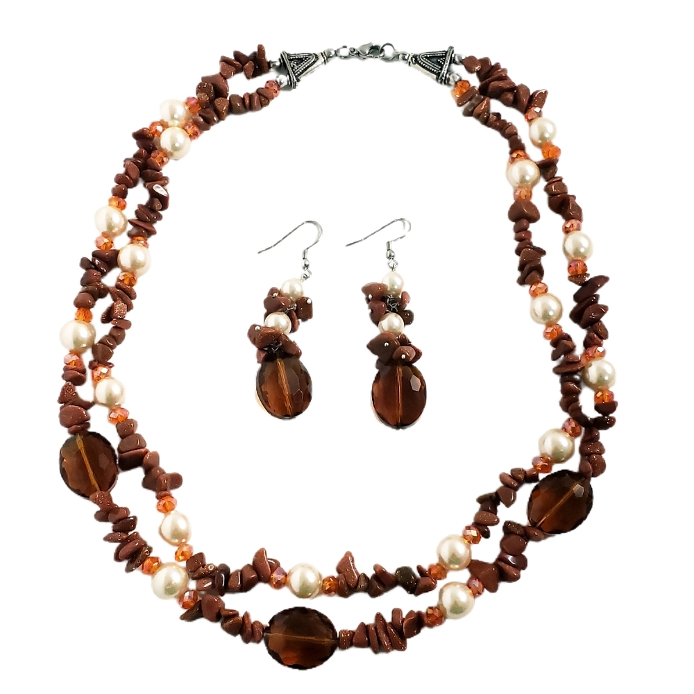 Tigers Eye Chip Bead Crystal Necklace Set